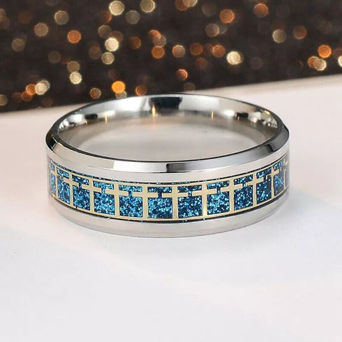 Men 8mm Titanium Steel Beveled Edges Blue Cross Pattern Comfort-Fit Wedding Band